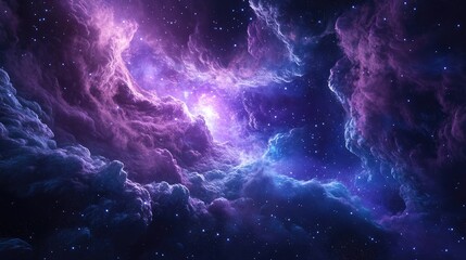 An ethereal metaverse with violet and blue glowing fractals, surrounded by swirling stars in deep space