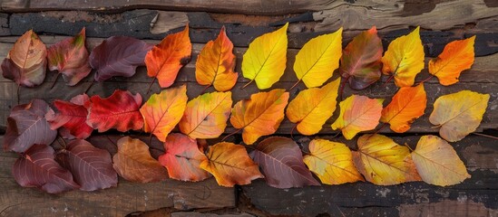 Aufkleber - Creative arrangement of vibrant autumn leaves on a weathered wooden surface A gradient of fall leaf colors Top view copyspace