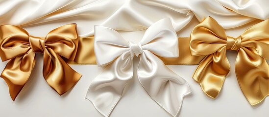 Poster - gold satin horizontal gift ribbons and bow set against a white background. with copy space image. Place for adding text or design