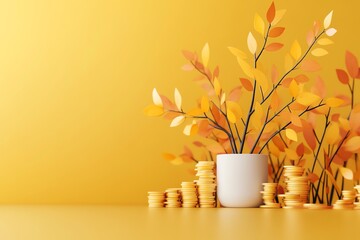 A white vase with autumn leaves and stacks of gold coins against a yellow background symbolizing growth and prosperity.