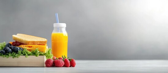 Poster - Box containing school lunch and a juice bottle Sandwich with cheese and salad along with fresh berries for a baby food option Light backdrop and room for text Copy space High quality photo