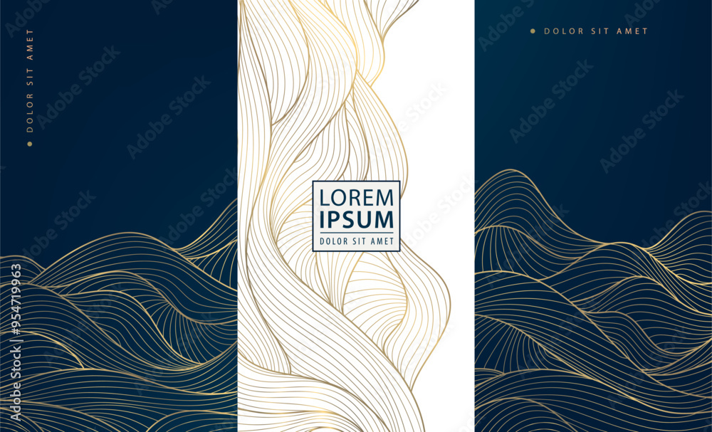 Vector set of art deco luxury wave patterns, gold and black fancy water ...