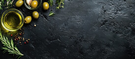 Fototapete - Top view of olive oil and ingredients olives garlic and rosemary on a natural black slate background featuring copyspace for your text