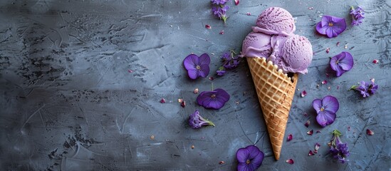Poster - Violet dried flower with small petals in a waffle ice cream cone on a gray background copyspace