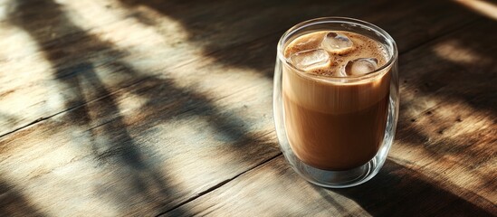 Poster - Iced mocha coffee in a double walled glass resting on a wooden table. with copy space image. Place for adding text or design