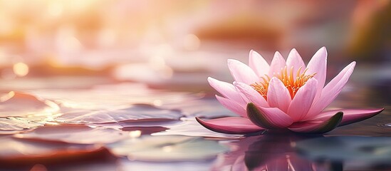 Poster - Soft close up of a stunning bright pink water lily or lotus Marliacea Rosea in an ancient pond Summer floral scene fresh wallpaper and nature backdrop concept. with copy space image