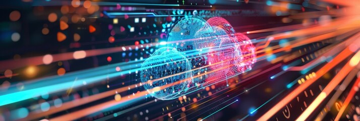 Poster - Flow of Digital Information with Glowing Cloud, Representing Global Network and Speed Concept.