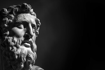 Wall Mural - Ancient Roman or Greek statue closeup, white marble, high contrast. Side view with copy space. Sculpture, face of a mythological hero, portrait of god on black background