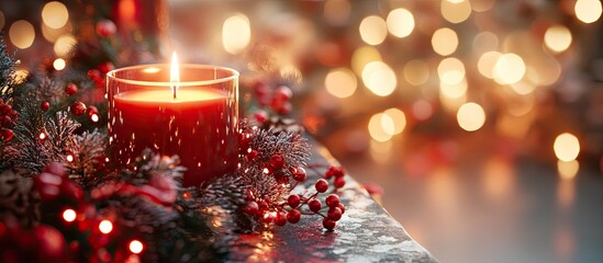 Aufkleber - Christmas decor with a candle set against red festive lights. with copy space image. Place for adding text or design