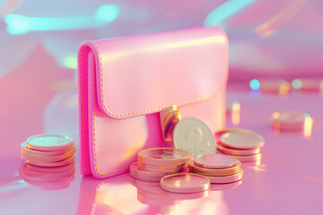 Wallet with coins 3D style. Cash, cashback and refund in online shopping concept. Savings and money spending, earnings, small salary, income, traditional coin purse.