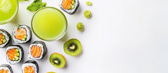 Fototapete - sushi rolls juice kiwi sticks top view copy space