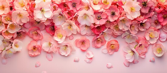 Poster - Flower arrangement Spring or summer backdrop fresh bird cherry flowers on a pink background Flat lay top view copyspace Image