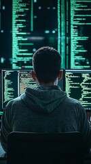 Poster - developer writing html code with a green matrix-style background, hacker-like aesthetic, advanced co