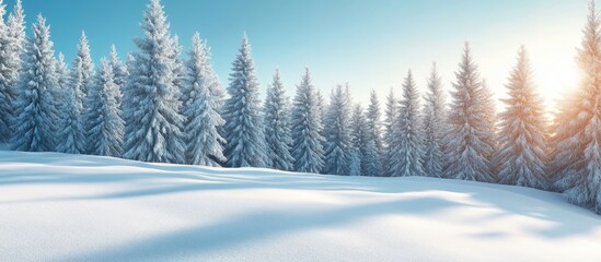 Poster - Sunny winter forest featuring pine trees blanketed in snow under a blue sky. with copy space image. Place for adding text or design