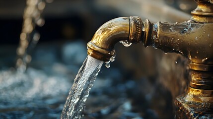 Poster - Closeup view of an elegant antique brass faucet with a gentle stream of water flowing from the spout creating a soothing and tranquil scene perfect for design decor or architectural applications