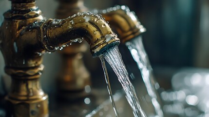 Poster - Closeup view of an antique brass faucet with water streaming from the spout creating splashes and droplets in the sink basin  The vintage metal surface has an aged rustic texture