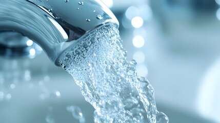 Poster - Closeup photograph of crystal clear refreshing water pouring and splashing from a sleek modern bathroom faucet  Detailed view of the flowing liquid stream and droplets against a clean