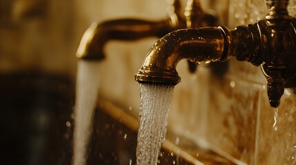 Poster - Closeup photograph showcasing the flowing water streaming gracefully from an ornate antique brass faucet creating a tranquil yet captivating visual experience