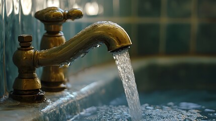 Poster - Closeup photograph featuring a detailed view of an antique brass faucet with water streaming out creating a captivating and elegant display in a bathroom or kitchen setting with a rustic vintage
