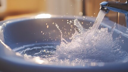 Poster - Closeup Photograph of Water Splashing Dynamically into a Sink from a Running Faucet Showcasing Ripples Bubbles and a Refreshing Fluid Texture