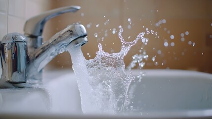 Poster - Closeup shot of water splashing and flowing into a sink from a running faucet creating a dynamic and refreshing abstract visual effect with water droplets and liquid motion