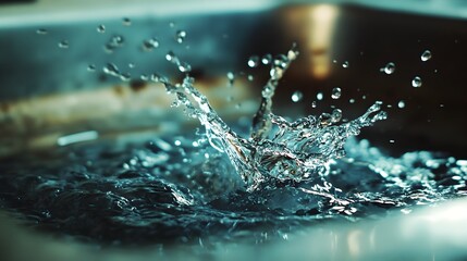 Poster - Closeup view of water splashing and cascading into a sink from a running faucet creating a dynamic and captivating display of motion texture and fluid dynamics