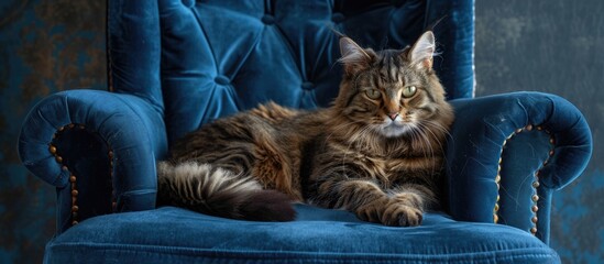 Poster - Brown Tabby Fluffy Cat Resting on a Blue Velvet Chair. with copy space image. Place for adding text or design