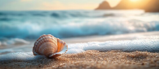 Poster - Shell on the beach by the sea. with copy space image. Place for adding text or design