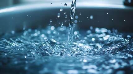 Poster - Captivating Closeup of Water Droplets Forming and Falling from a Faucet   Serene Minimalist and Visually Striking Image Showcasing the Beauty of Nature s Simplicity