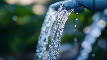 Poster - Closeup photograph showcasing the powerful dynamic flow of water gushing forcefully from a garden hose faucet creating a mesmerizing display of motion energy and natural refreshment