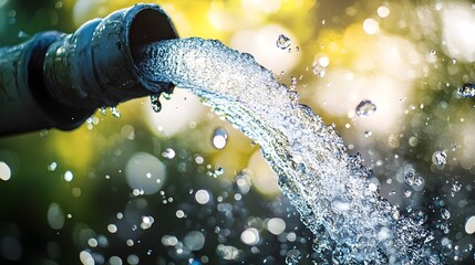 Poster - Closeup view of a powerful stream of water gushing out from a garden hose faucet creating a refreshing spray and cascade of droplets in a natural outdoor setting