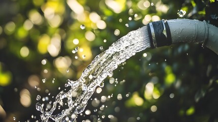 Poster - Closeup Photograph of Powerful Water Flow Gushing with Force from Garden Hose Faucet Spraying and Splashing in Dynamic Motion