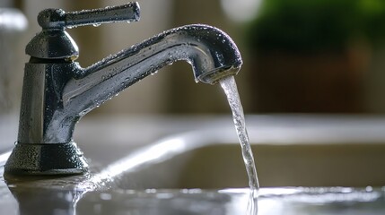 Poster - Close up shot of water gently trickling from a slightly open faucet creating a calming meditative flow in a tranquil domestic setting