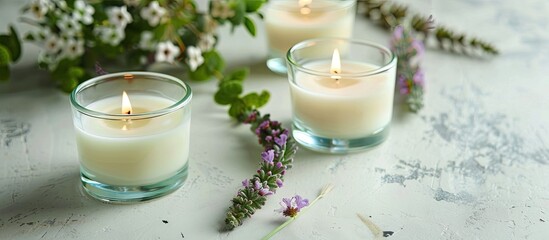 Wall Mural - Essential kit for creating homemade natural white eco friendly soy wax candles in glass including wick and fragrance on white marble Hobby or business Handmade candles Vegan product Copyspace