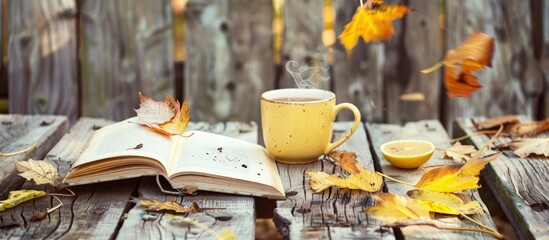 Aufkleber - Open vintage book featuring copyspace alongside a hot autumn beverage with lemon and falling leaves on a wooden table