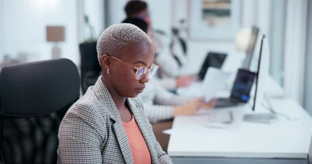 Aufkleber - Office, work and black woman with glasses at desk for information technology, network and clear vision. Programming, business and developer with computer for backend development, server and testing
