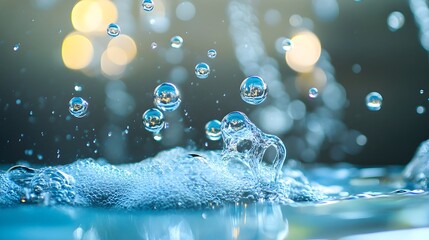 Poster - Closeup view of water running from a faucet with soap bubbles forming and creating a calming serene and refreshing visual