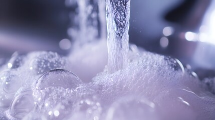 Poster - Closeup view of crystal clear water running from a metallic faucet with transparent soap bubbles forming and creating an abstract minimalist and visually intriguing composition