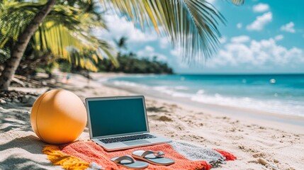 Aufkleber - Work-from-beach setup with a laptop on a beach towel near the waters edge palm trees sway in the background while a beach ball and flip-flops add to the relaxed vibe representing the perfect