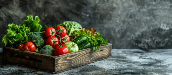 Poster - Background featuring a variety of green vegetables and an aged wooden tray on a light gray stone tabletop Healthy food theme with copy space