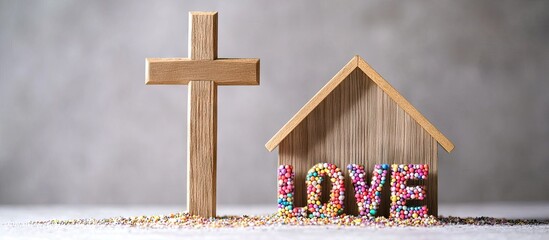 A wooden cross stands over the word love formed by colorful letter plates leaning against a wooden house model on a white background representing the home sweet home concept with copy space for a Chr