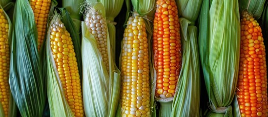 Fototapete - Fresh corn cobs on a colorful background. with copy space image. Place for adding text or design