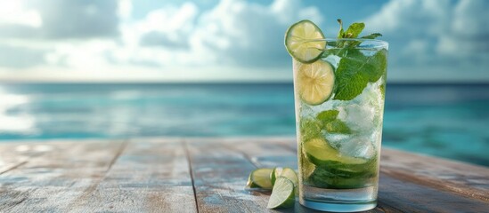 Leinwandbilder - Mojito cocktail on a table with a sea backdrop. with copy space image. Place for adding text or design