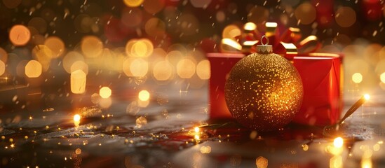 Poster - The golden Christmas ball captured is unclear and blurry alongside a red blurred gift box adorned with golden lights celebrating Christmas and the New Year. with copy space image