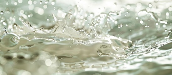 Poster - Soft blur focus on an abstract water splash surface fills the frame featuring a water droplet and wavy liquid with an air bubble against a white background and copyspace