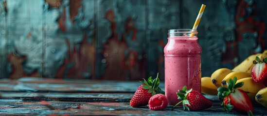 Wall Mural - Jar of tasty homemade strawberry and banana smoothie on a wooden surface. with copy space image. Place for adding text or design