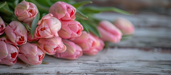 Poster - Lovely bouquet of fresh pink tulips on a light wooden table close up Area for text. with copy space image. Place for adding text or design