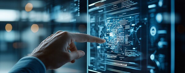 Poster - User interacting with a website prototype on a large touch screen, interactive design concept, user experience testing.