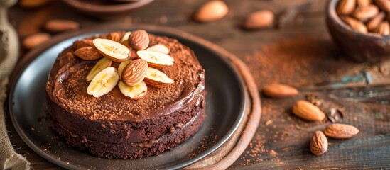 Poster - Close up of banana cake topped with almonds on a plate with cocoa on a background of aged wood. with copy space image. Place for adding text or design