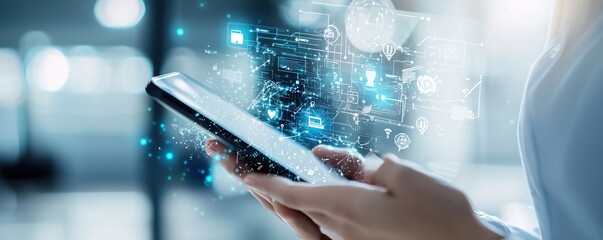 Poster - virtual assistant helping in website navigation on a mobile device, ai integration in web design, mo